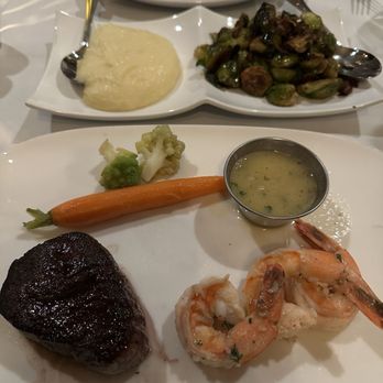 Forbes Mill Steakhouse - 6oz filet mignon & shrimp scampi. Mashed potatoes & brussel sprouts with bacon split sides - Steakhouses Near Me - Los Gatos, California