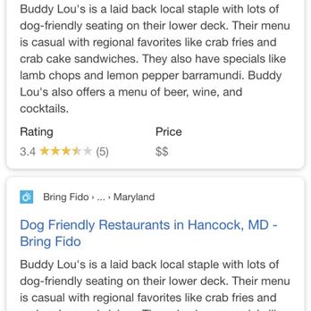 Buddy Lou's Eats Drinks & Antiques - Says it's dog friendly- not the case!!! - New American Near Me - Hancock, Maryland Buddy Lou's Eats Drinks & Antiques - Says it's dog friendly- not the case!!! - New American Near Me - Hancock, Maryland