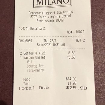 Café Milano - Receipt from breakfast at Cafe Milano - American Near Me - Reno, Nevada Café Milano - Receipt from breakfast at Cafe Milano - American Near Me - Reno, Nevada