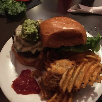 Union Grill - Chophouse burger- pepper jack, guac, and caramel iced onions with side of waffle fries - American Near Me - Pittsburgh, Pennsylvania