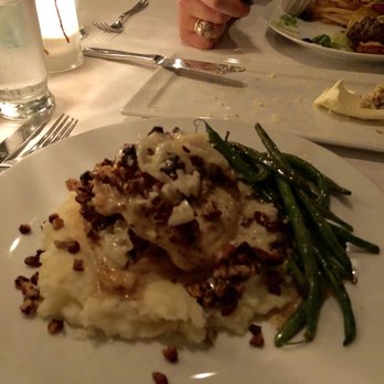 Wren - Pecan crusted chicken served on top of mashed potatoes and beside crispy green beans. Delicious! - Wine Bars Near Me - Beaufort, South Carolina