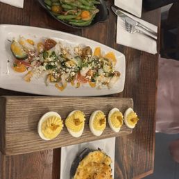 Mac & cheese, deviled eggs, tomato salad, summer beans