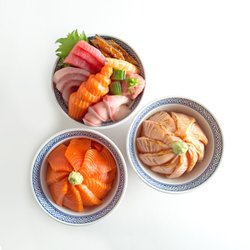 Chirashi Bowl, Sake (salmon) Don, and Aburi Sake (seared salmon) Don