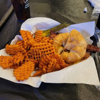 Seasons Gastropub - Jive smoked turkey sandwich on a croissant. Upgraded to sweet potato waffle fries - Gastropubs Near Me - Morton, Illinois Seasons Gastropub - Jive smoked turkey sandwich on a croissant. Upgraded to sweet potato waffle fries - Gastropubs Near Me - Morton, Illinois