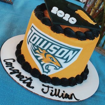 Baked By Michela - Towson University Cake for 6. Yellow fondant with black piping around the top and bottom. Customized with my name, Logo, and graduation cap - Bakeries Near Me - Southampton, Pennsylvania