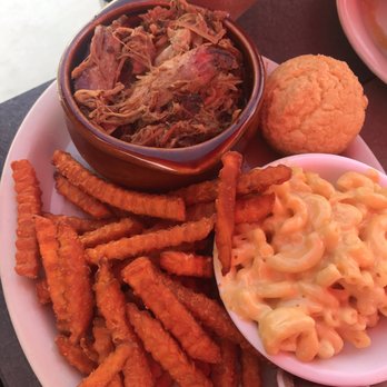 Casey's BBQ & Smokehouse - Pulled pork plate with Mac n cheese, sweet potato fries - Barbeque Near Me - Egg Harbor, Wisconsin