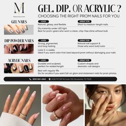 Monaco Nails & Spa - Not sure which nails to choose for prom?
Let's break it down: Gel, Dip, or Acrylic,  find the perfect match for your style!