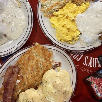 Sandy's Country Junction - Eggs Benedict with a side of bacon, Sandys Best Country Fried Steak and biscuit gravy. - Coffee & Tea Near Me - Clovis, California Sandy's Country Junction - Eggs Benedict with a side of bacon, Sandys Best Country Fried Steak and biscuit gravy. - Coffee & Tea Near Me - Clovis, California