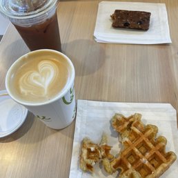 Latte, belgian waffle, iced coffee and peanut butter  energy bar- delicious