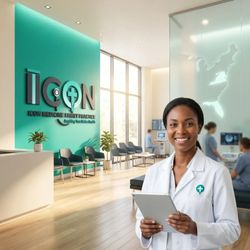 Icon Medicine Family Practice & Behavioral Health - A smiling female doctor in a white lab coat stands in a modern medical clinic lobby, holding a tablet...