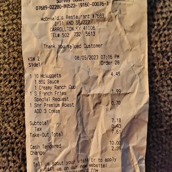 McDonald's - My reciept. - Coffee & Tea Near Me - Carrollton, Kentucky McDonald's - My reciept. - Coffee & Tea Near Me - Carrollton, Kentucky
