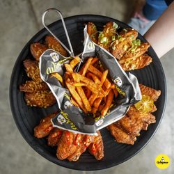 Wingman - Sharing Platter- Singapore Zing, Cajun, Carolina Reaper, Thai Sweet Chilli Wings with Sweet Potato Fries