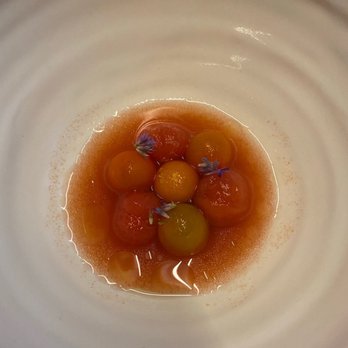 Tomo - Tomatoes in a cherry vinegar broth with lavender - New American Near Me - Seattle, Washington Tomo - Tomatoes in a cherry vinegar broth with lavender - New American Near Me - Seattle, Washington