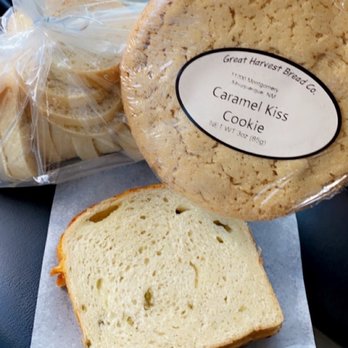 Great Harvest Bread - Crusty French bread, caramel kiss cookie & a sample of the yummy green chili cheese bread - Bakeries Near Me - Albuquerque, New Mexico