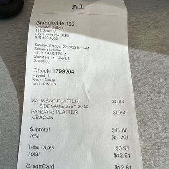 Biscuitville - Receipt for 2 people - Southern Near Me - Fayetteville, North Carolina