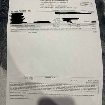 Triple A Muffler and Brakes - quote dated 6/3/25 - Auto Repair Near Me - Terrell, Texas Triple A Muffler and Brakes - quote dated 6/3/25 - Auto Repair Near Me - Terrell, Texas