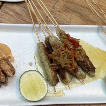 Wayan - Satays: chicken (left), lillet (seafood-middle), & Scallop Satay (right) 3 satay combo - Indonesian Near Me - New York, New York Wayan - Satays: chicken (left), lillet (seafood-middle), & Scallop Satay (right) 3 satay combo - Indonesian Near Me - New York, New York