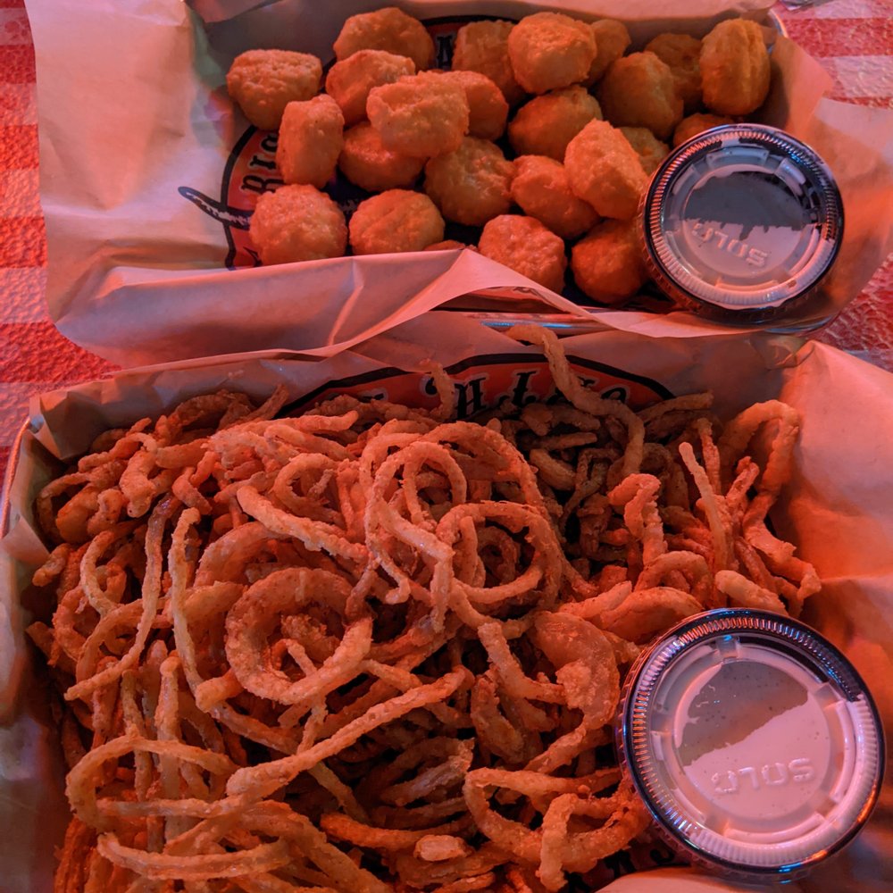 Riscky's BBQ - sweet corn puffs and onion shoe strings - Barbeque Near Me - Fort Worth, Texas