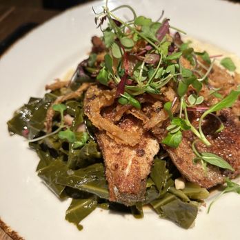 Village Social - Trout & collards(a friend enjoyed it) - New American Near Me - Asheville, North Carolina Village Social - Trout & collards(a friend enjoyed it) - New American Near Me - Asheville, North Carolina
