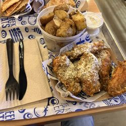 Greek Eats - 6 SRIRACHA GARLIC PARM WINGS and LEMON POTATOES