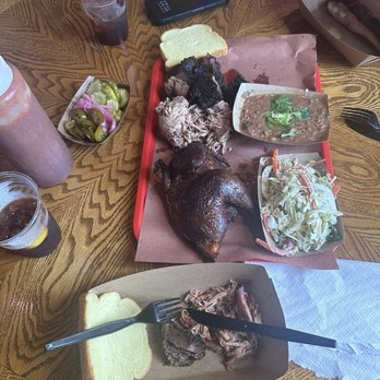 Black Board Bar B Q - Burnt ends, pork ribs, half chicken and pulled pork.....along with charro beans and creamy jalapeño coleslaw for sides was amazing. - Barbeque Near Me - Sisterdale, Texas
