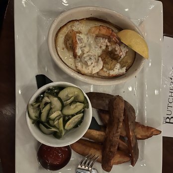 The Butcher's Son - Shrimp I Shrimp Imperial with cucumber salad and potato wedges - Steakhouses Near Me - Chesapeake, Virginia The Butcher's Son - Shrimp I Shrimp Imperial with cucumber salad and potato wedges - Steakhouses Near Me - Chesapeake, Virginia