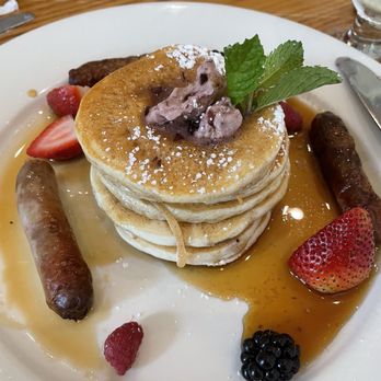 44 & X Hell's Kitchen - Silver Dollar pancakes with blueberry butter, sausage and Vermont maple syrup - New American Near Me - New York, New York 44 & X Hell's Kitchen - Silver Dollar pancakes with blueberry butter, sausage and Vermont maple syrup - New American Near Me - New York, New York