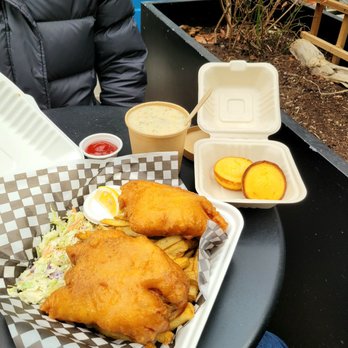 Finest At Sea - Chowder, corn bread and Cod fish and chips - Seafood Near Me - Victoria, British Columbia