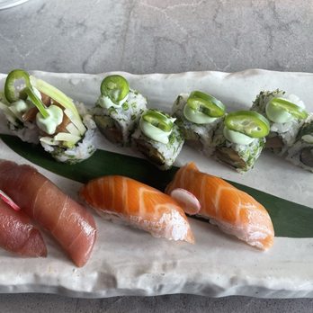Roka Akor - Oak Brook - Jalapeño Hamachi Serrano Chili Roll and two sushi - Japanese Near Me - Oak Brook, Illinois Roka Akor - Oak Brook - Jalapeño Hamachi Serrano Chili Roll and two sushi - Japanese Near Me - Oak Brook, Illinois