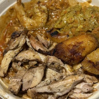 Spiced Black - Red rice, Étouffée sauce, Grilled Shrimp, Grilled Chicken, Curry cabbage, and Plantains - Soul Food Near Me - Upper Marlboro, Maryland
