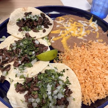 Memos Mexican Restaurant - Steak tacos with rice and beans yummmm - Mexican Near Me - Springfield, Oregon