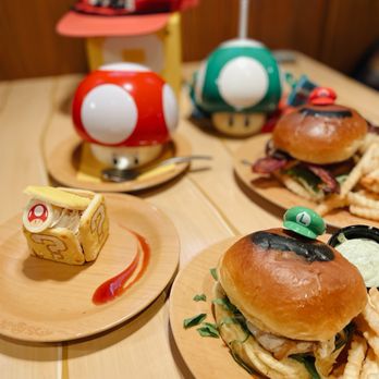Toadstool Cafe - Luigi burger // Mario burger // super mushroom soup // Block tiramisu - Cafes Near Me - Universal City, California Toadstool Cafe - Luigi burger // Mario burger // super mushroom soup // Block tiramisu - Cafes Near Me - Universal City, California
