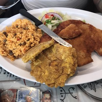 Isla Del Encanto - Breaded chicken fillet, rice with pigeon peas, and tostones - Puerto Rican Near Me - Miami, Florida Isla Del Encanto - Breaded chicken fillet, rice with pigeon peas, and tostones - Puerto Rican Near Me - Miami, Florida