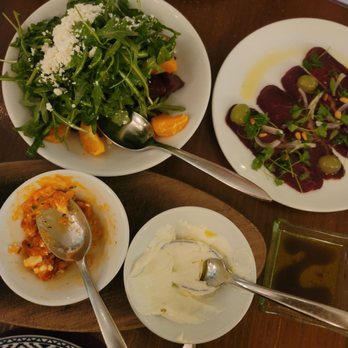 Zaytinya - Arugula salad with beets, clementine, pistachios. Turkish cured meat. Dip sampler. - Greek Near Me - Washington, DC, District of Columbia