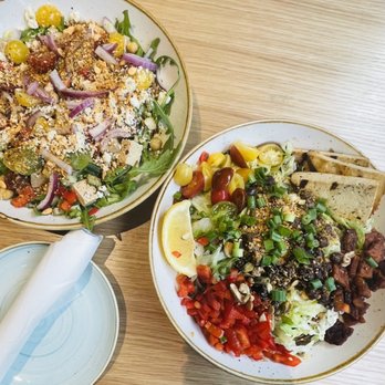 Fresh on Eglinton - Greek salad on left, and big salad with grilled tofu - Vegan Near Me - Toronto, Ontario