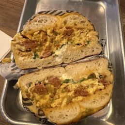 Chorizo scrambler on jalapeño cheese bagel!! Chorizo scrambler on jalapeño cheese bagel!!
