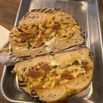 Enjoy Bagels & Sweets - Chorizo scrambler on jalapeño cheese bagel!! - Bakeries Near Me - Buellton, California Enjoy Bagels & Sweets - Chorizo scrambler on jalapeño cheese bagel!! - Bakeries Near Me - Buellton, California