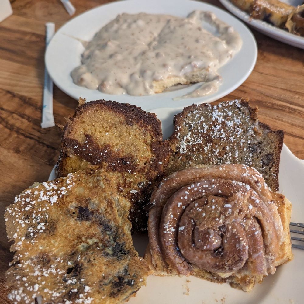 Mangrove Mike's - Half of the French Toast Sampler and a Large Biscuits and Gravy - Breakfast & Brunch Near Me - Islamorada, Florida Mangrove Mike's - Half of the French Toast Sampler and a Large Biscuits and Gravy - Breakfast & Brunch Near Me - Islamorada, Florida