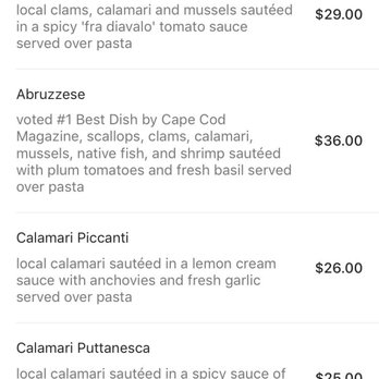 Ciro & Sal's - The Abruzze listed on their online menu clearly stated the dish handle scallops.  Strange!! - Italian Near Me - Provincetown, Massachusetts