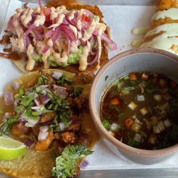 Masa Masa - Lobster Taco (top left), Quesabirria Taco (top right), Birria Consommé (bottom right) and Pork Al Pastor Taco (bottom left) - Tacos Near Me - Roseville, California