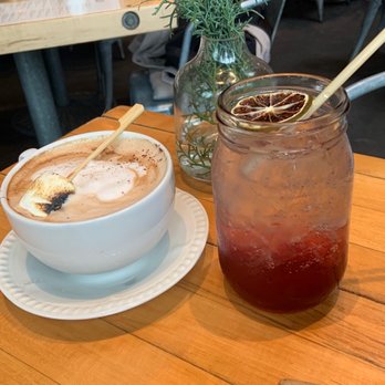 Terrain Cafe - Toasted Marshmallow Mocha Latte (left) and a Pomegranate Cardamom Spritz (right) - New American Near Me - Westport, Connecticut Terrain Cafe - Toasted Marshmallow Mocha Latte (left) and a Pomegranate Cardamom Spritz (right) - New American Near Me - Westport, Connecticut