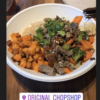 Original ChopShop - Spicy Korean bowl with half rice and sweet potatoes - New American Near Me - Plano, Texas Original ChopShop - Spicy Korean bowl with half rice and sweet potatoes - New American Near Me - Plano, Texas