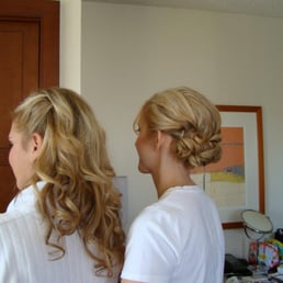My wedding hair (right) and my bridesmaid's hair (left). Jean Randall Stylist did my color and both styles.