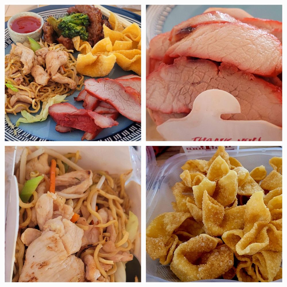 My plate,bbq pork,crab and cream cheese wonton, and chicken lo mein. Not shown: steamed rice. My plate,bbq pork,crab and cream cheese wonton, and chicken lo mein. Not shown: steamed rice.