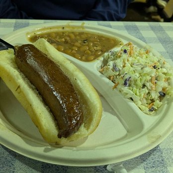Big John's Texas BBQ - Sausage link with cowboy beans and coleslaw - Barbeque Near Me - Page, Arizona