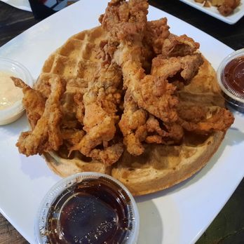 Mo' Brunch & Brews - A play on chicken & waffle. Fried mushrooms & waffle (hot sauce on the side) - Breakfast & Brunch Near Me - Houston, Texas Mo' Brunch & Brews - A play on chicken & waffle. Fried mushrooms & waffle (hot sauce on the side) - Breakfast & Brunch Near Me - Houston, Texas