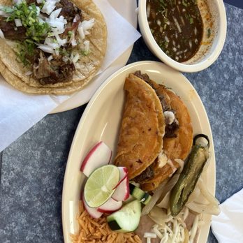 Calixto Mexican Grill - Quesadilla, roasted jalapeño, rice, beans and side of soup. Shredded beef taco with lime, slices of radishes, onion and cilantro. - Salad Near Me - Livonia, Michigan