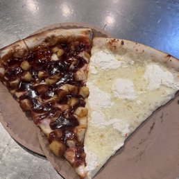 BBQ Chicken Pizza Slice, White Pizza Slice.