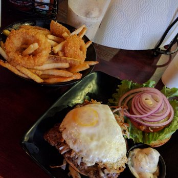 Crazee Burger - Friends and an ostrich burger, with a fried egg and has browns added. - Burgers Near Me - San Diego, California Crazee Burger - Friends and an ostrich burger, with a fried egg and has browns added. - Burgers Near Me - San Diego, California