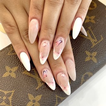 Spring Nail Spa - french tip acrylic nails w/ pink butterflies - Nail Salons Near Me - Folsom, California Spring Nail Spa - french tip acrylic nails w/ pink butterflies - Nail Salons Near Me - Folsom, California